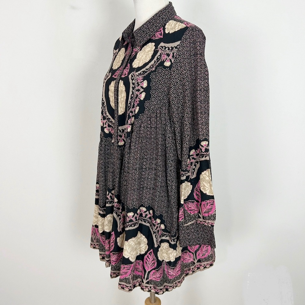 Free People Mini Dress Black Mixed Floral Medallion Boho Women's Size Medium